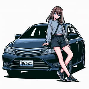 Detailed Clipart: Girl Leaning on Dark Blue GEELY Emgrand Car