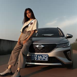 Youthful Female Leaning on Silver Geely Emgrand Car | TOZ6625