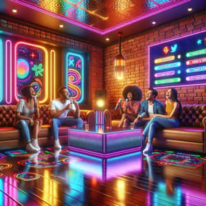 Vibrant Karaoke Room with Neon Lights and Animated Lyrics