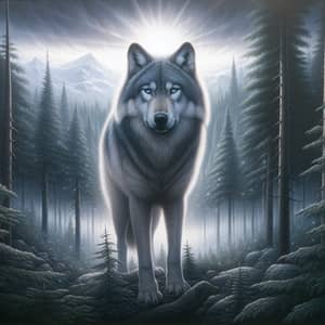 Lone Wolf in Forest Wilderness with Icy Blue Eyes