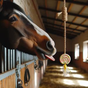 Horse in Stable Licking Sweet Candy on Rope