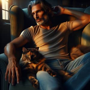 Tranquil Scene: Man Enjoying Peaceful Moment with Cat on Plush Armchair