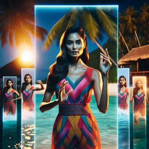 Vibrant Swimsuit Photoshoot: South Asian Woman on Tropical Beach