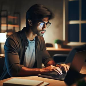 Professional South Asian Solopreneur Working Late at Modern Home Office