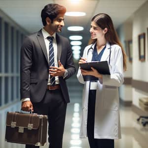 Professional Sales Rep Consults with Female Doctor | Hospital Scene