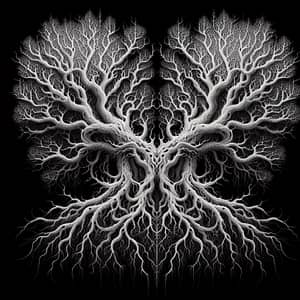 Intricately Detailed Symmetrical Tree Root System in Monochromatic White-On-Black