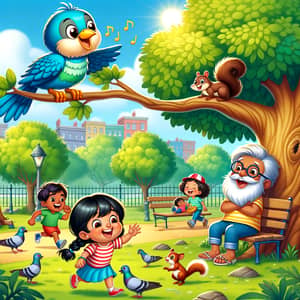 Sunny Park Cartoon: Bird, Squirrel & Children Playing