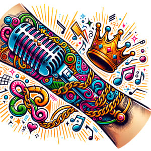 Colorful Arm Tattoo Design: Stylized Mic & Rap Elements