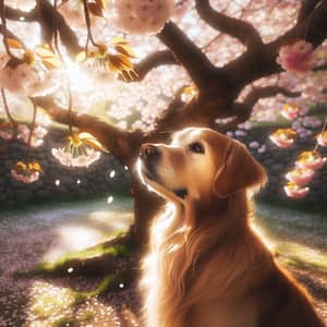 Golden Retriever Enjoying Cherry Blossom Sunshine | Spring Scene