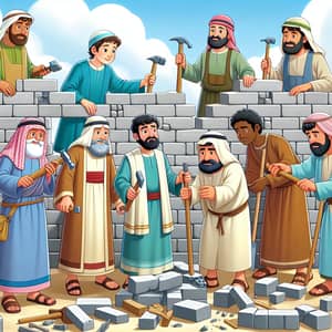 Nehemiah & Diverse Team Rebuild Crumbled Wall in Cartoon Style