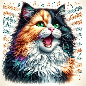 Tri-color Singing Cat Illustration | Musical Notes Background