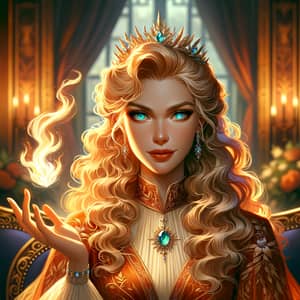 Fantasy Realm Female Character with Golden Hair and Magical White Flame