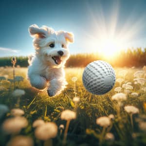 Serene Outdoor Setting with a Playful White Dog Catching a Ball