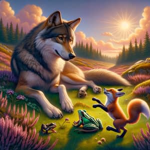 She-Wolf, Young Fox, Frog | Vibrant Countryside Scene