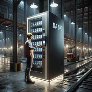 Industrial Warehouse Scene with Vending Machine and Worker