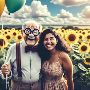 Joyful Elderly Man and Hispanic Woman in Field of Sunflowers