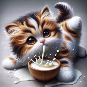 Adorable Fluffy Cat Playing with Creamy Milk - Heartwarming Scene