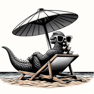 Comic Style Godzilla Lounging on Beach with Sunglasses