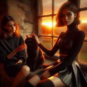 Picturesque Sunset Scene with Two Girls in Edward Hopper Style