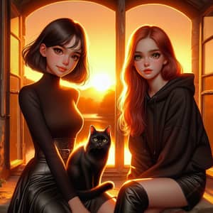 Enchanting Golden Sunset Scene with Two Girls and a Black Cat