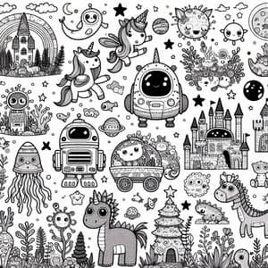 Black and White Children's Coloring Pages - Cute Animals, Robots, Unicorns & More