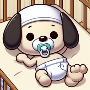 Adorable 0-Month-Old Cartoon Puppy in Diapers Sleeping in Crib