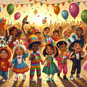 Colorful Children's Carnival: Diverse Kids in Bright Costumes
