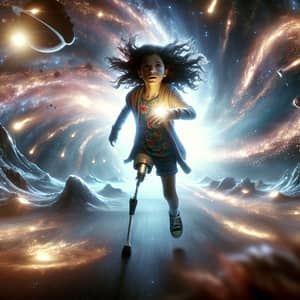 Courageous Girl Travelling Through Cosmos with Superpower