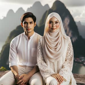 Southeast Asian Couple in White Attire Enjoying Mountain View
