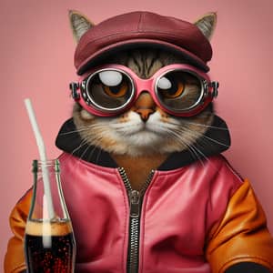 Fashionable Cat in Pink Jacket with Goggles and Black Cap