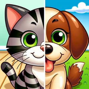 Playful Cartoon Image: Mischievous Cat and Friendly Dog