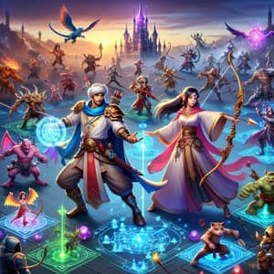 Fantasy Mobile Game Characters Battling on Mystical Energy Field