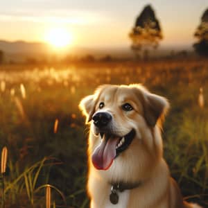 Eager Dog in Grassy Field Watching Sunset