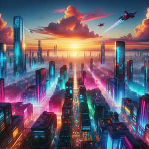Futuristic Cityscape at Sunset | Vibrant Neon Lights & Flying Cars