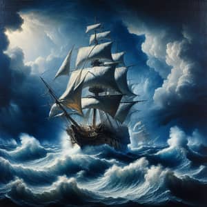 17th Century Ship Battling Nocturnal Storm - Historical Genre Painting