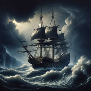 Majestic 17th-Century Ship Sailing Through Stormy Night