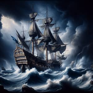 17th-Century Ship Battling Stormy Night