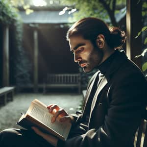 Solitary Middle-Eastern Man Immersed in Thick Novel at Tranquil Location