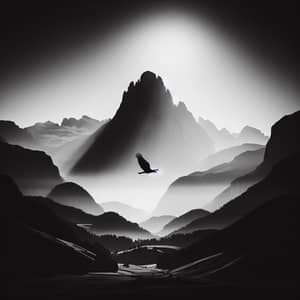 Majestic Mountain Silhouette in Monochrome with Bird in Flight