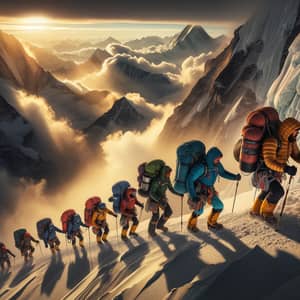 Diverse Mountaineers Climbing Island Peak in Nepal