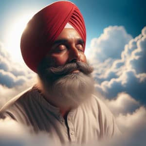 Sikh Man in Red Turban Meditating in Serene Heaven