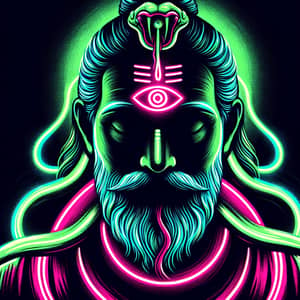 Neon Cyberpunk Figure with Third Eye and Serpent - Digital Art