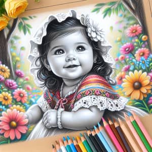 Whimsical Garden Scene with 'Flower': Hispanic Baby Girl Sketch
