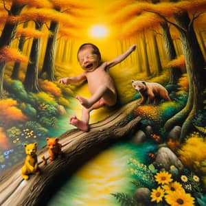Joyful Newborn Infant in Vibrant Yellow Forest