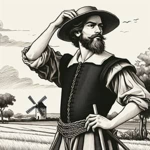 17th Century Style Drawing of Posing Farmer | Don Quixote Vibes