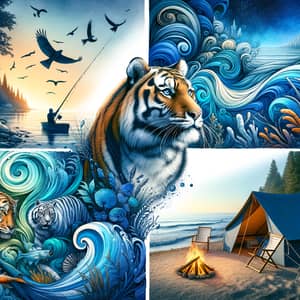 Tranquil Marine Scene with Tent, Fishing Rod, and Majestic Tiger