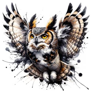 Majestic Horned Owl in Mid-Flight: Realistic Wildlife Illustration