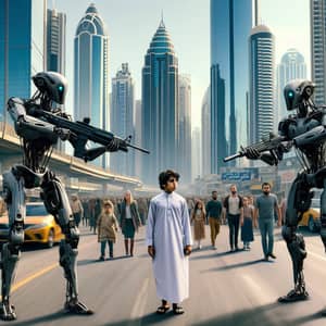 Urban Adventure with Mechanical Beings: Middle-Eastern Youth Guided Through Cityscape