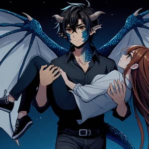 Fantasy Love Story in Night Sky: Demon Man Holding Chestnut-haired Woman