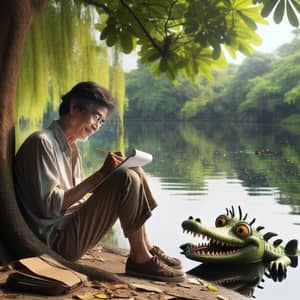 Serene Lake Writing Scene: Mature Adult by Tree, Crocodile Watching